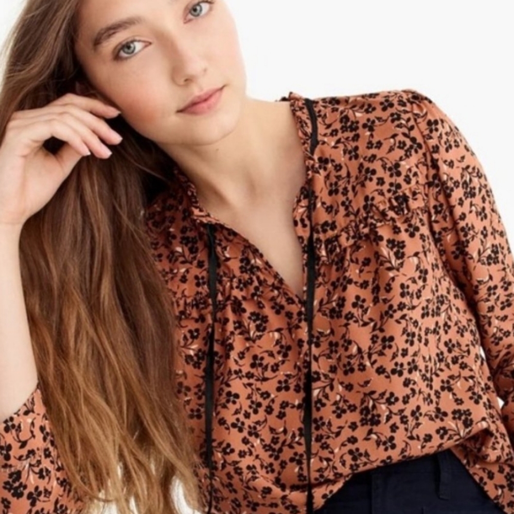 J. Crew Rust Floral Tie-Neck Blouse with Black Print